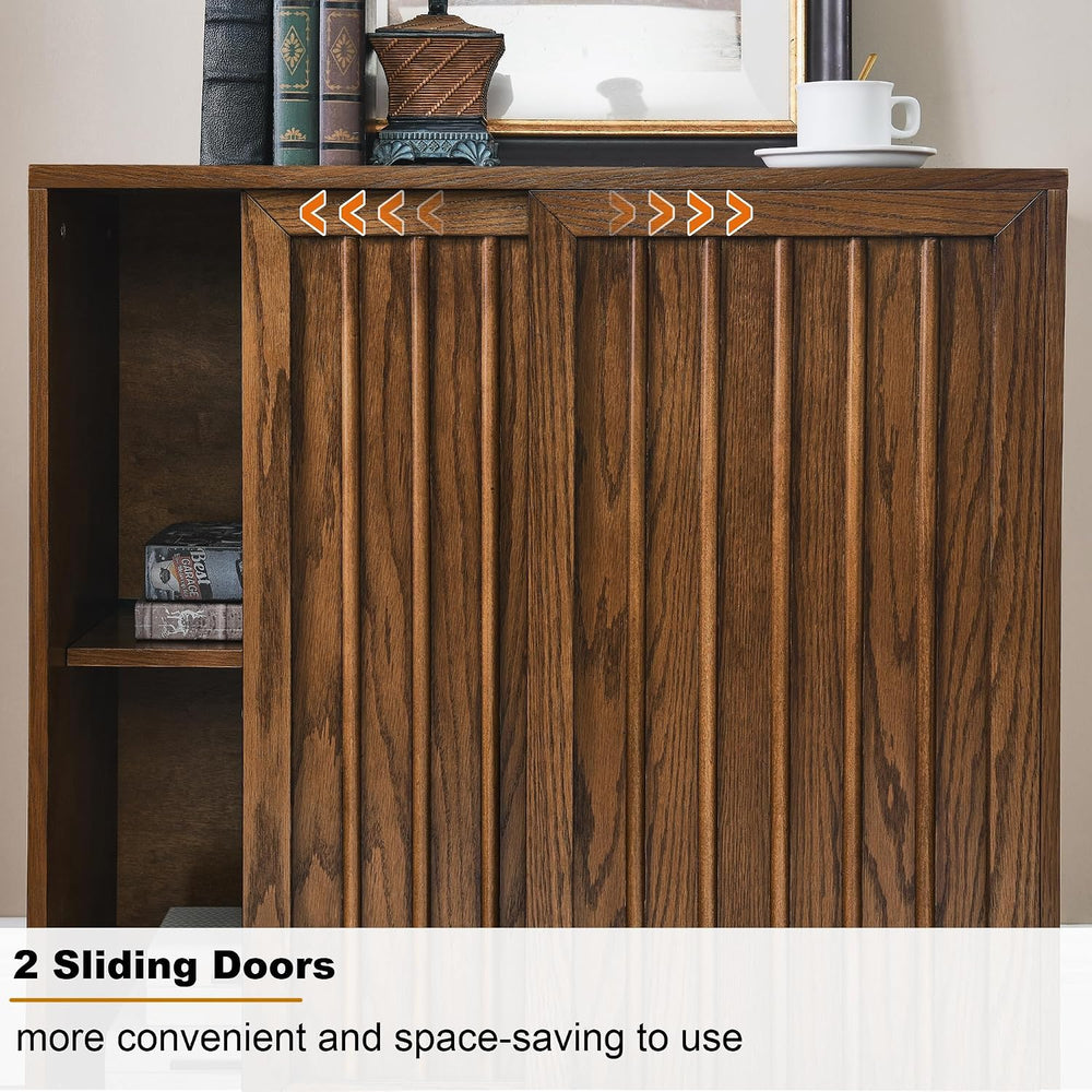 Mid Century Modern Sideboard Cabinet | Slim Fluted Credenza with Sliding Door...
