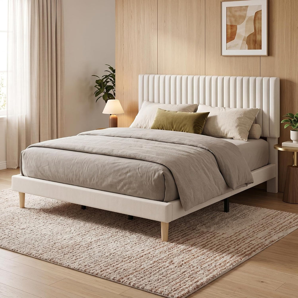 GAOMON King Size Bed Frame, Velvet Upholstered Platform Bed, Beige