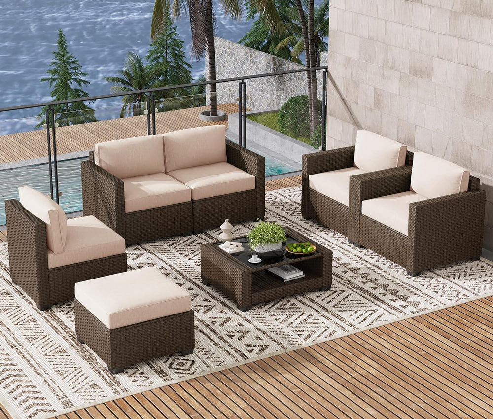 LOUVIXA 7 Piece Outdoor Patio Furniture Set, Rattan Chairs Glass Table Wicker...