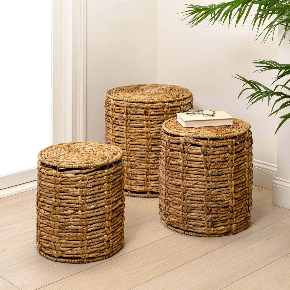JONATHAN Y Zaria Woven Water Hyacinth 3-Piece Nesting Round Table, Natural | ...