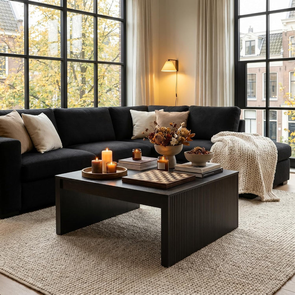 LITTLE TREE 39.4" Square Fluted Coffee Table, Mid-Century Modern Black C...