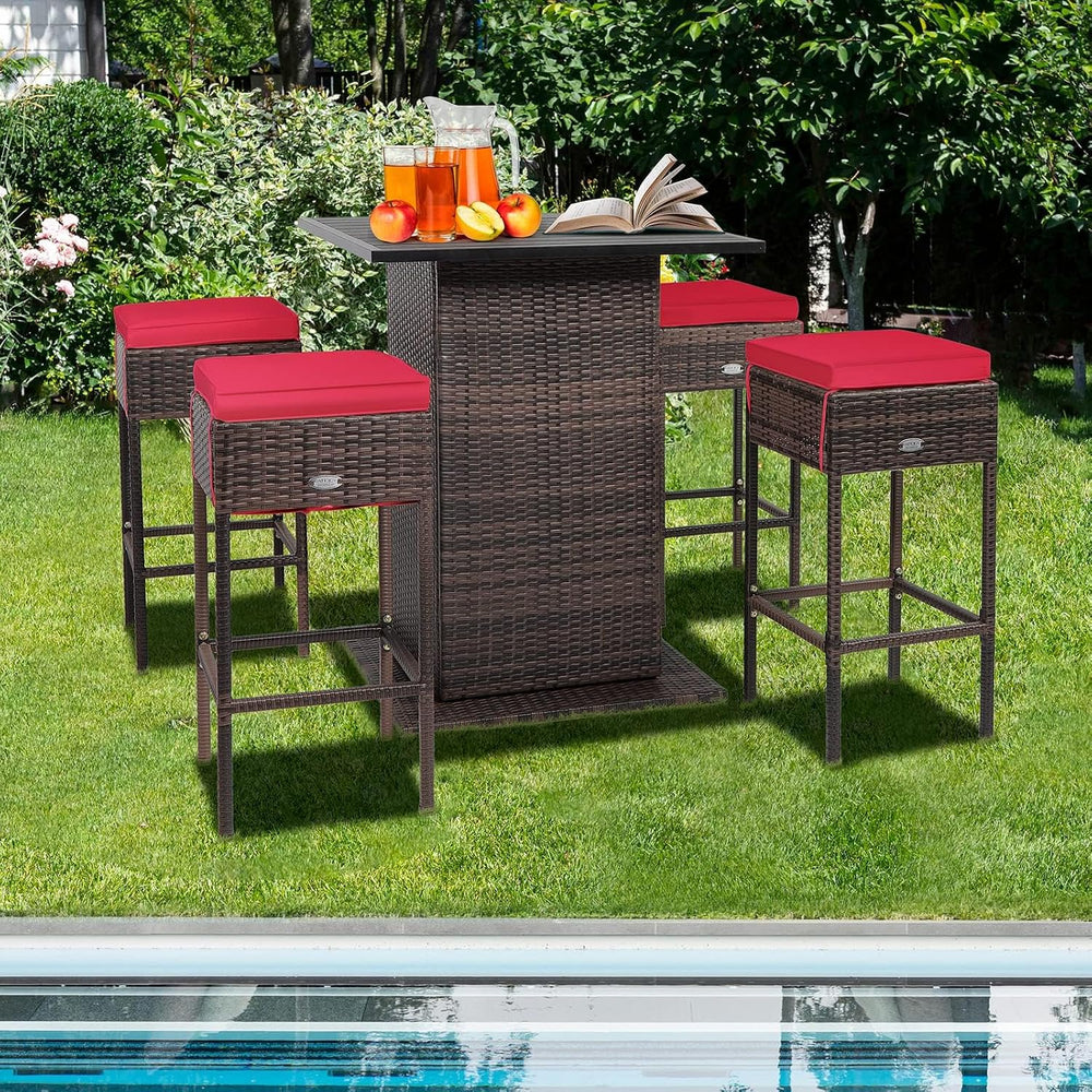 HAPPYGRILL 5 Pieces Rattan Bar Set, Outdoor Wicker Bar Table and 4 Bar Stools...