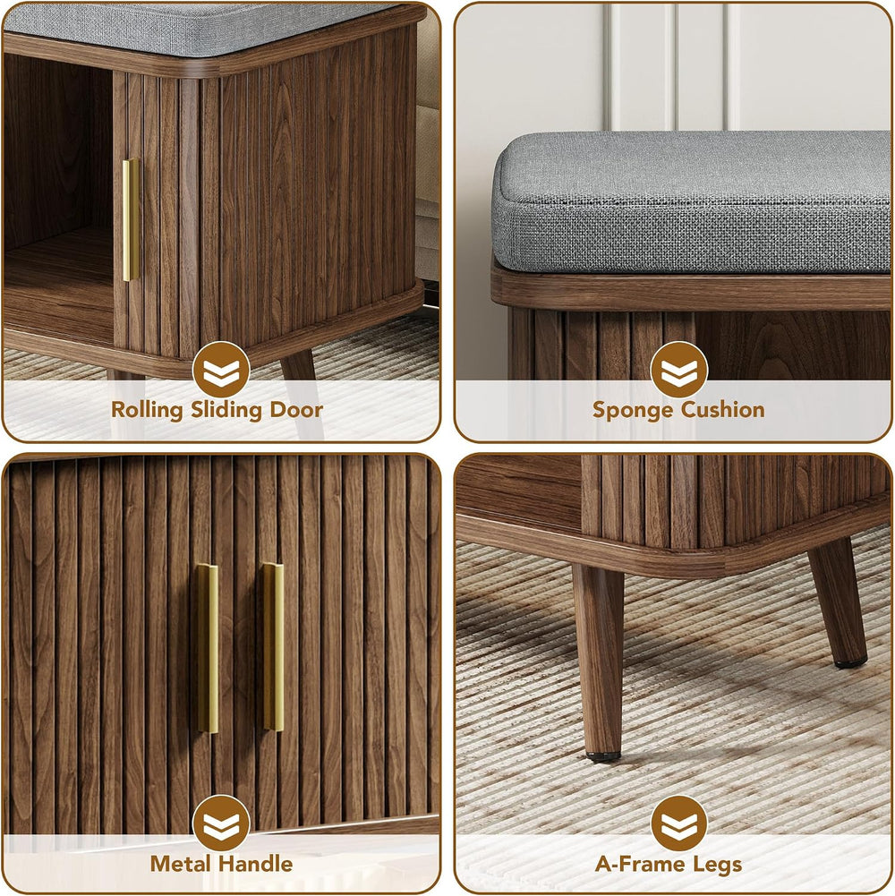 Decofy Shoe Storage Bench with Cushion and Sliding Doors, 47.2 Inch Shoe Benc...