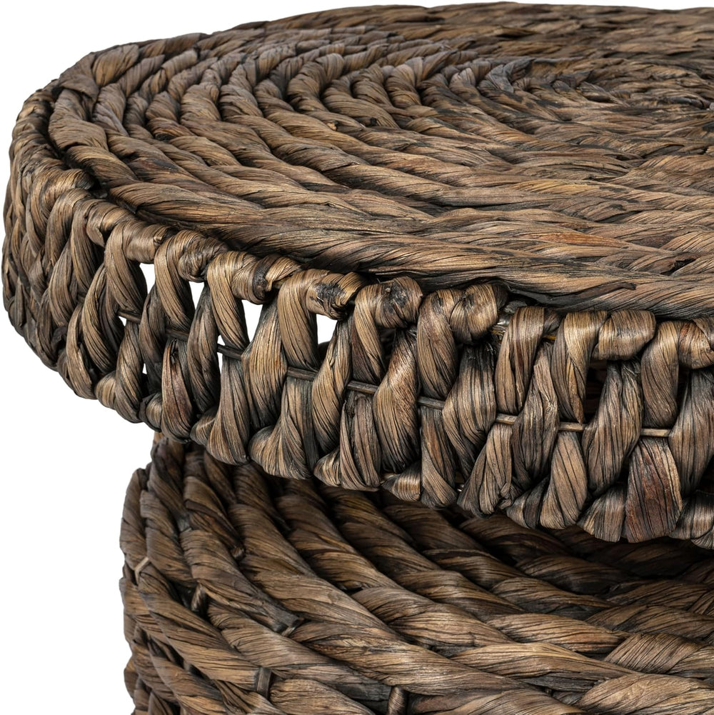 JONATHAN Y Marisol Round Brown Woven Water Hyacinth Side Table with Iron Fram...