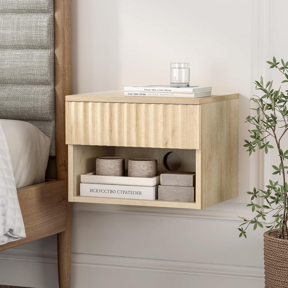 Floating Nightstand Set of 2 with Drawer, Fluted Modern Night Stand with Flut...