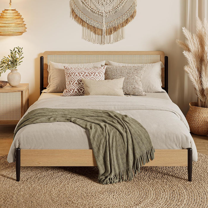 LIKIMIO Natural Rattan Queen Bed Frame with Wooden Headboard