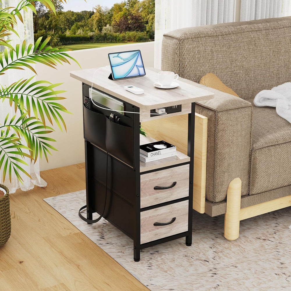 Yenlure Small Side Table with Charging Station, Narrow Nightstand Bedside Tab...