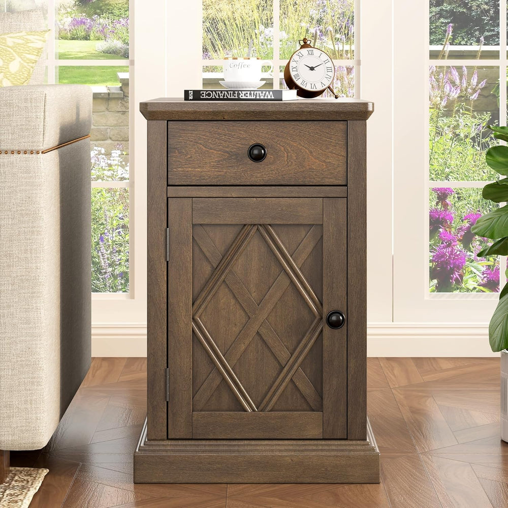 Merax Vintage End Table with Charging Station, Narrow Side Table with Cup Hol...