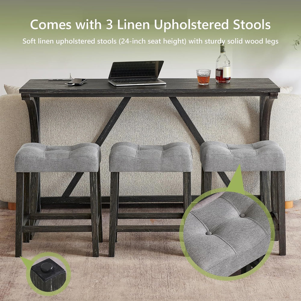 Merax 59 Inch Industrial Bar Table Set with Power Outlet, 3 Linen Upholstered...