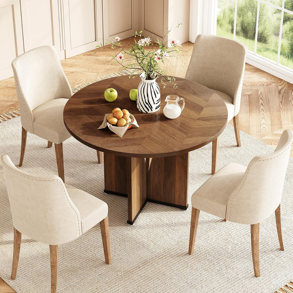 LITTLE TREE 39-Inch Round Dining Table for 4, Rustic Kitchen Table with X-Sha...