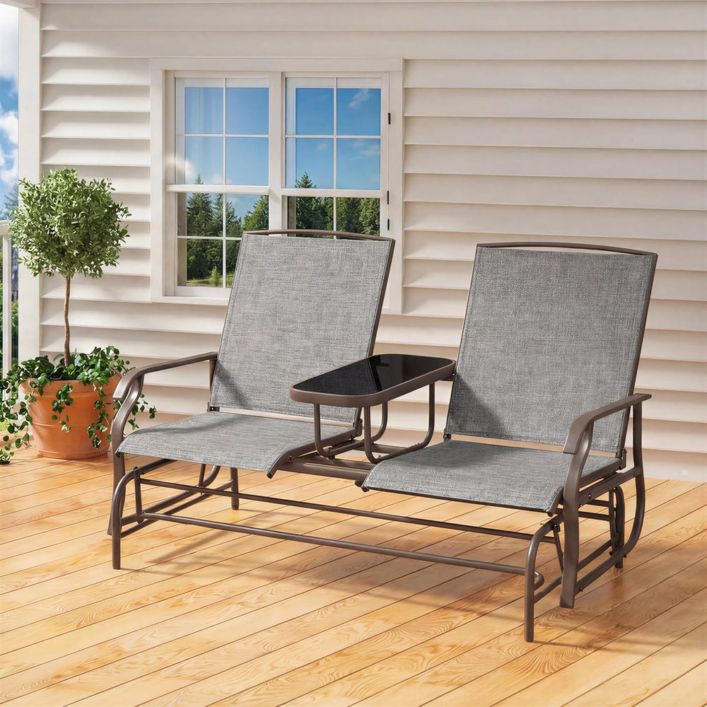 Yaheetech Outdoor Glider Bench Patio Loveseat with Table, Gray | Steel frame,...