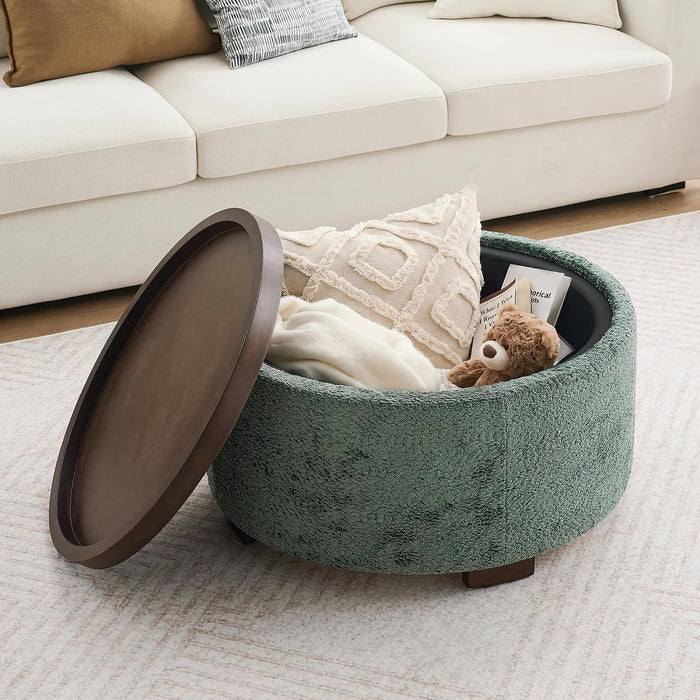 Zihanhome 30" Round Chenille Storage Ottoman Coffee Table with Removable Tray Top, Large Hidden Storage Ottoman, Solid Wood Legs for Living Room, Bedroom, Apartment (Moss Green)