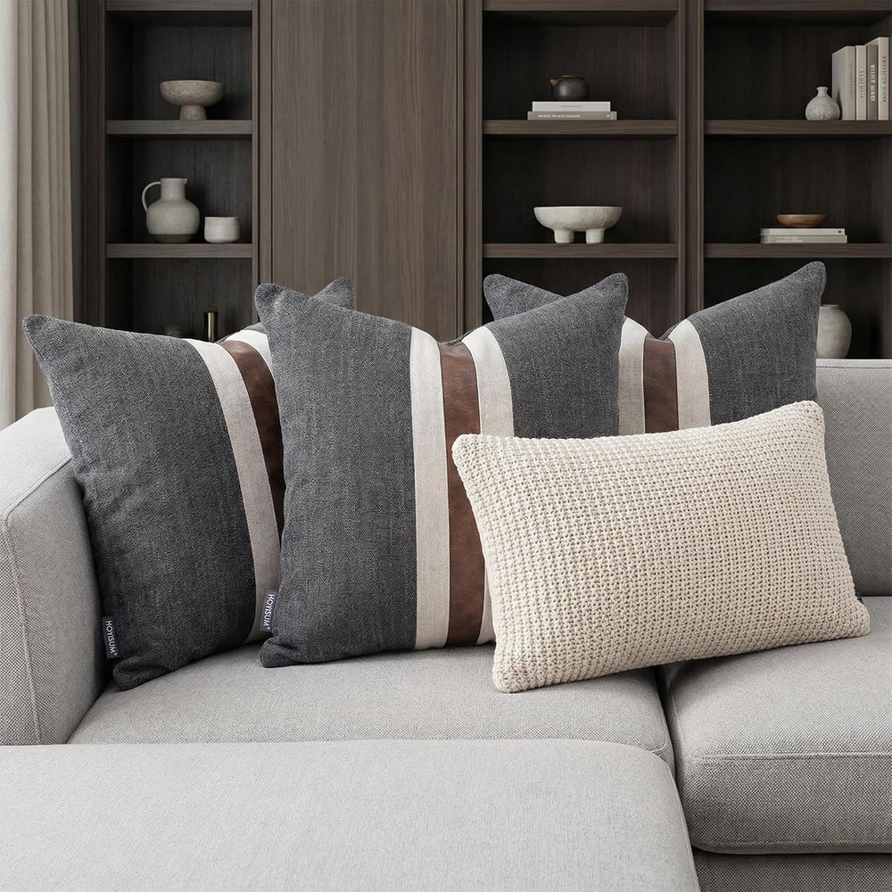 Set of 2 Leather Throw Pillow Covers Cotton Linen Decor Patchwork Pillow Cove...