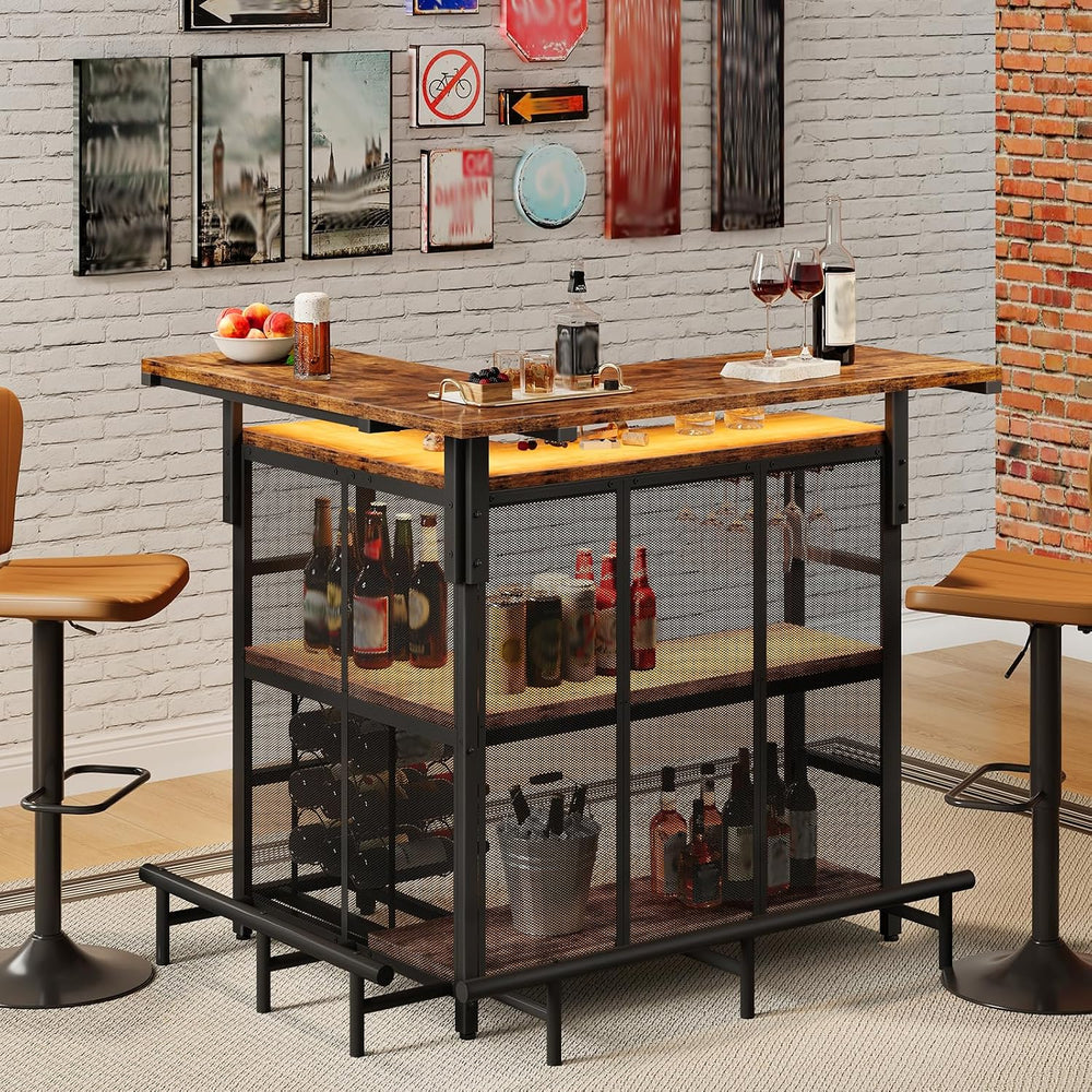HOOBRO Home Bar Unit, L-Shaped Bar Table with Glasses Holder & 4-Tier She...