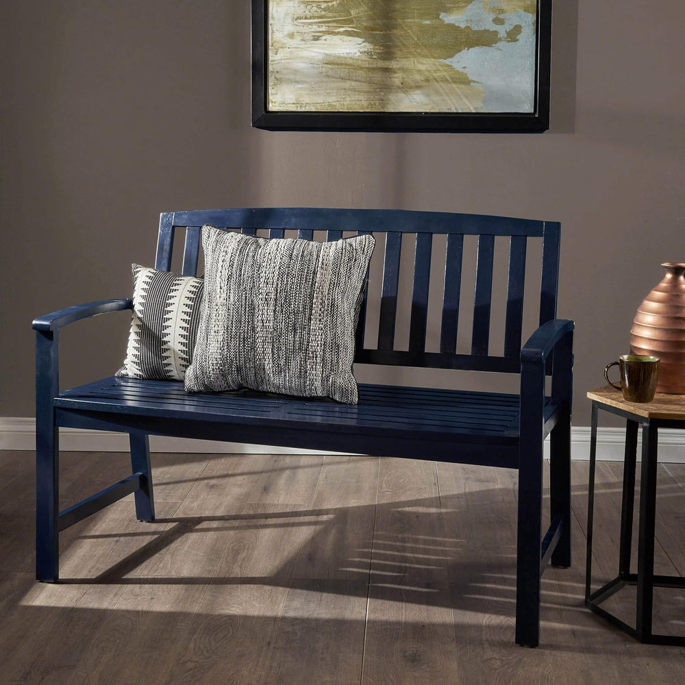 Christopher Knight Home Laurel Farmhouse Cottage Acacia Wood Bench, Pu Navy Blue