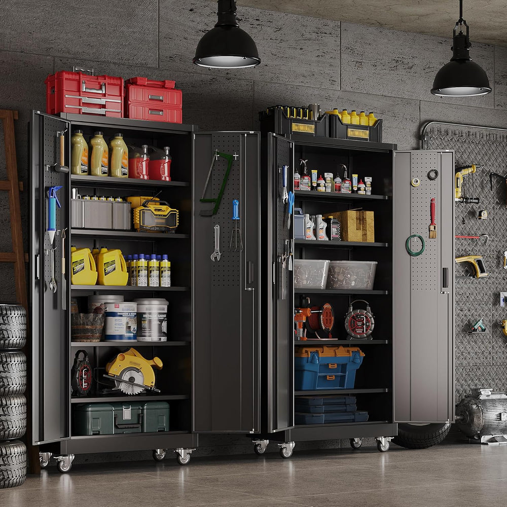 SUXXAN 71" Metal Storage Cabinet with Wheels, Pegboard, Lock, 5 Shelves ...