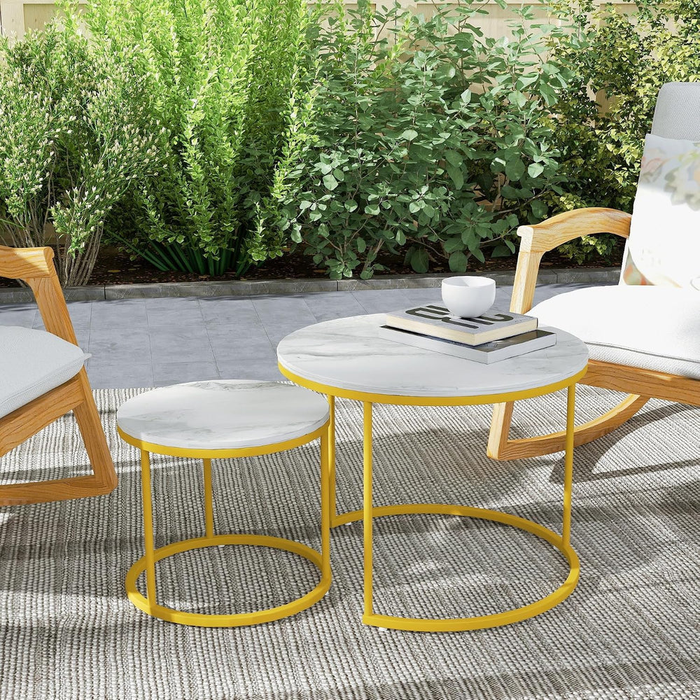Round Nesting Coffee Tables Set: White Gold Marble Nesting Coffee Table Set o...