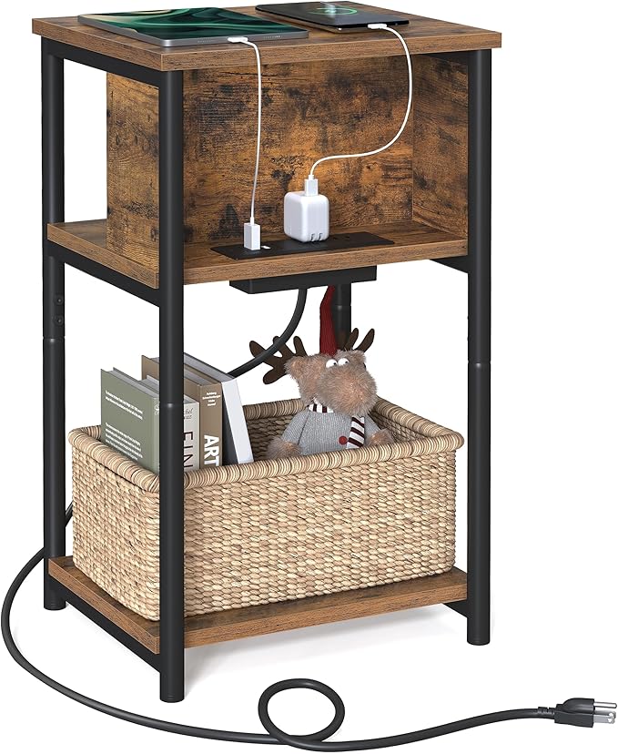 VASAGLE Side Table with Charging Station, 3-Tier End Table with USB Ports and...