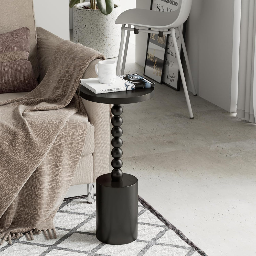 COZAYH Black Wood End Table with Round Top and Decorative Beaded Pedestal, Mo...