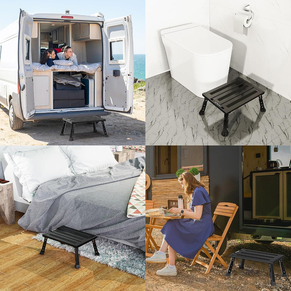 Adjustable RV Step Stool, Wide Platform, Foldable Legs, Black