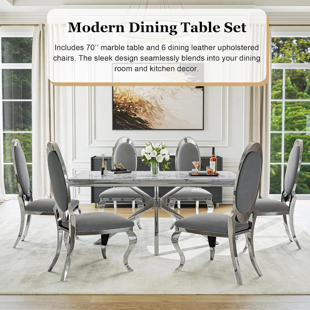 Luxury 7-Piece Dining Room Set, 70 Inch Silver Large Kitchen Table with Oval ...