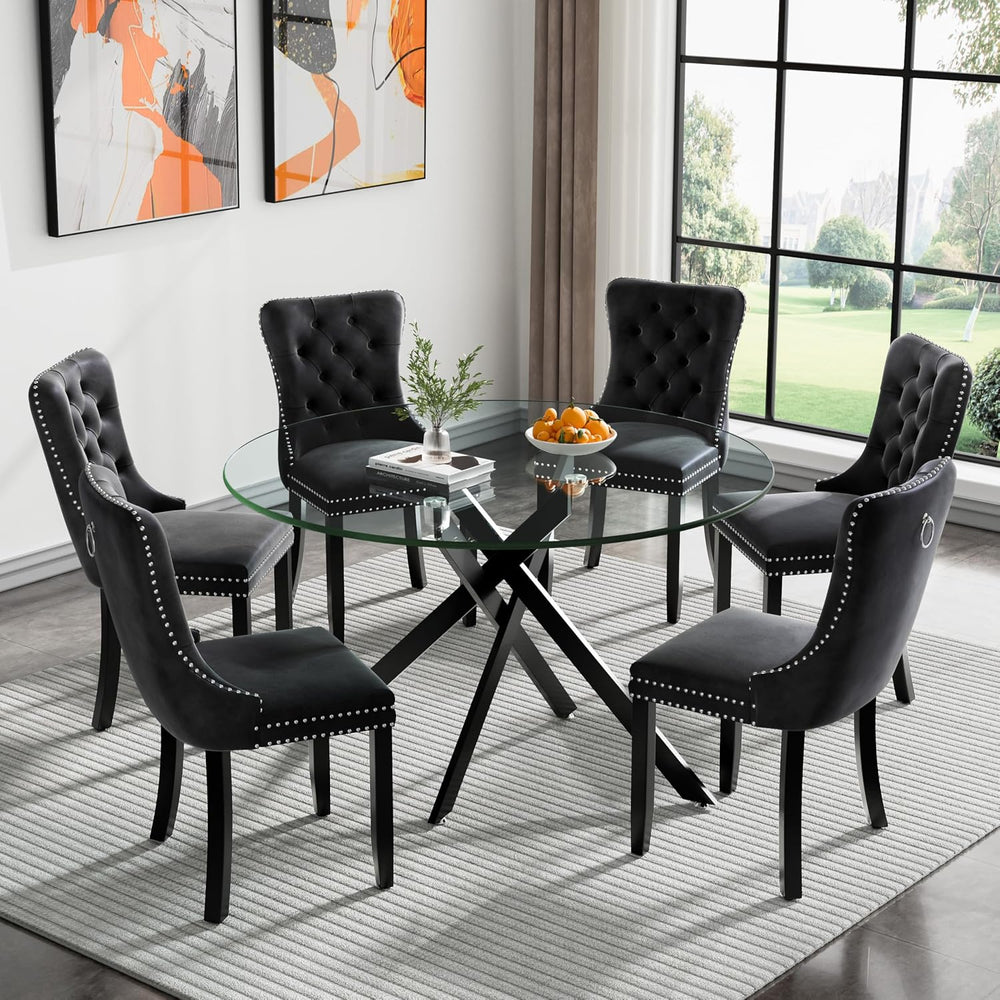 47" Round Glass Dining Table for 4-6, Circle Kitchen Table with Tempered...