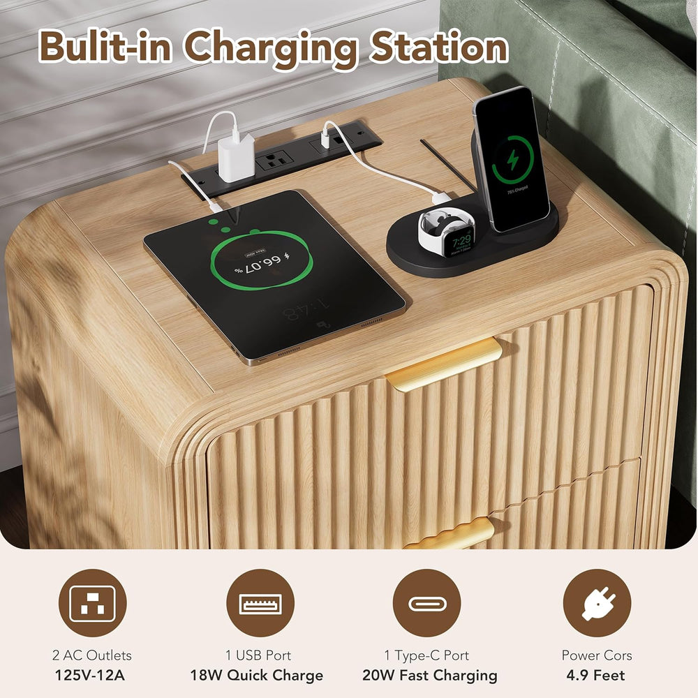 Decofy 23'' Wide Fluted Nightstand Set of 2 with Charging Station, Oa...