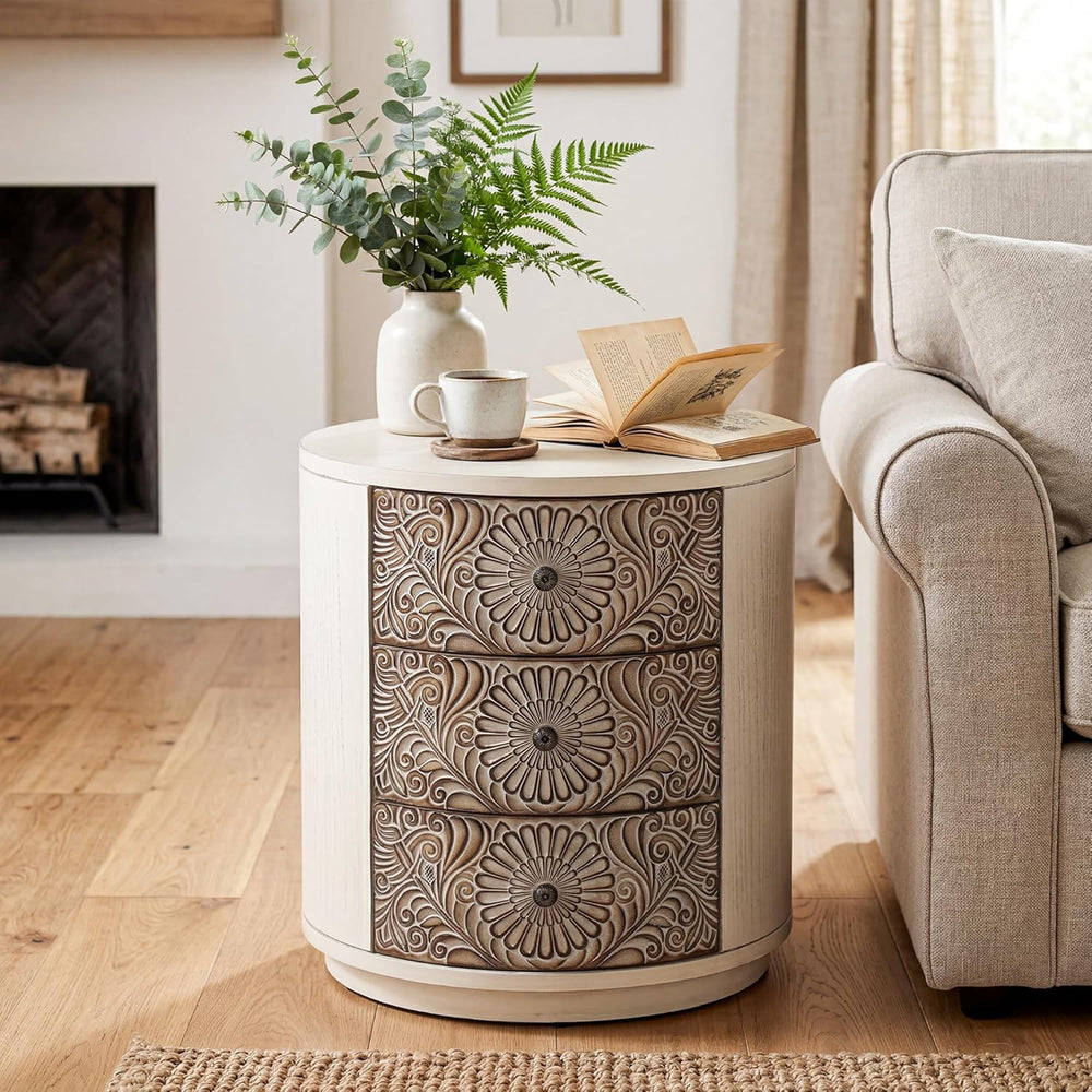 HOMPUS Round End Table Set 2, Fully Assembled Nightstand w 3 Storage Drawers,...