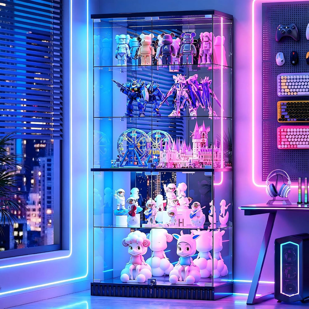 Glass Display Cabinet with Human Body Sensing RGB Lights,5-Tiers Curio Cabine...