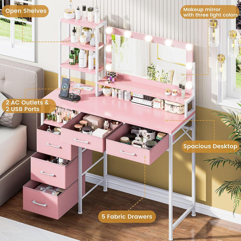 Vanity Desk with Mirror, 9 Lights, 3 Color Modes with Adjustable Brightness, ...