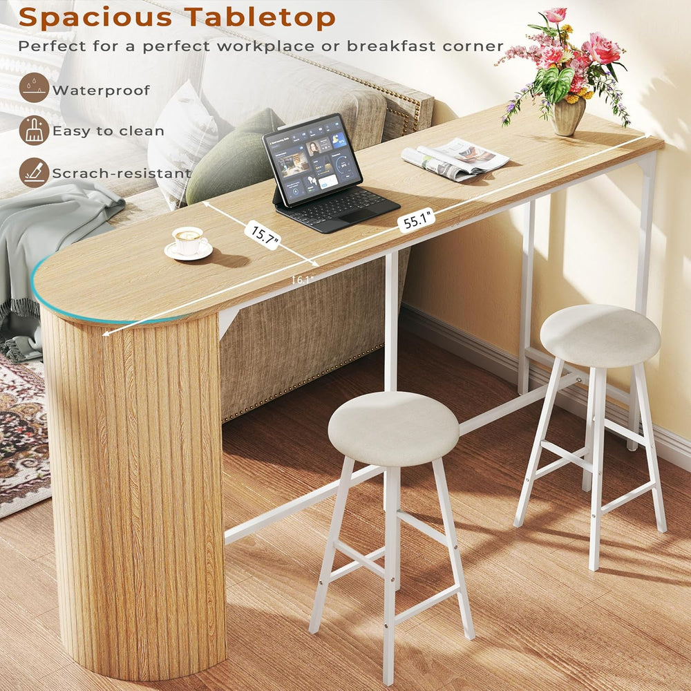 Fluted Bar Table and Chairs Set, 55'' Long Bar Tables with 2 Stools, ...