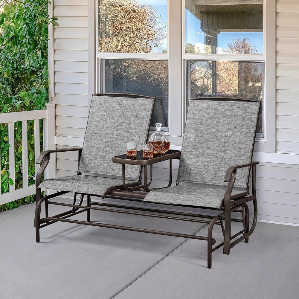 Yaheetech Outdoor Glider Bench Patio Loveseat with Table, Gray | Steel frame,...
