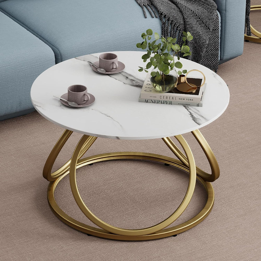 O&K FURNITURE Gold Round Coffee Table, Faux Marble Top with Veins, Modern...