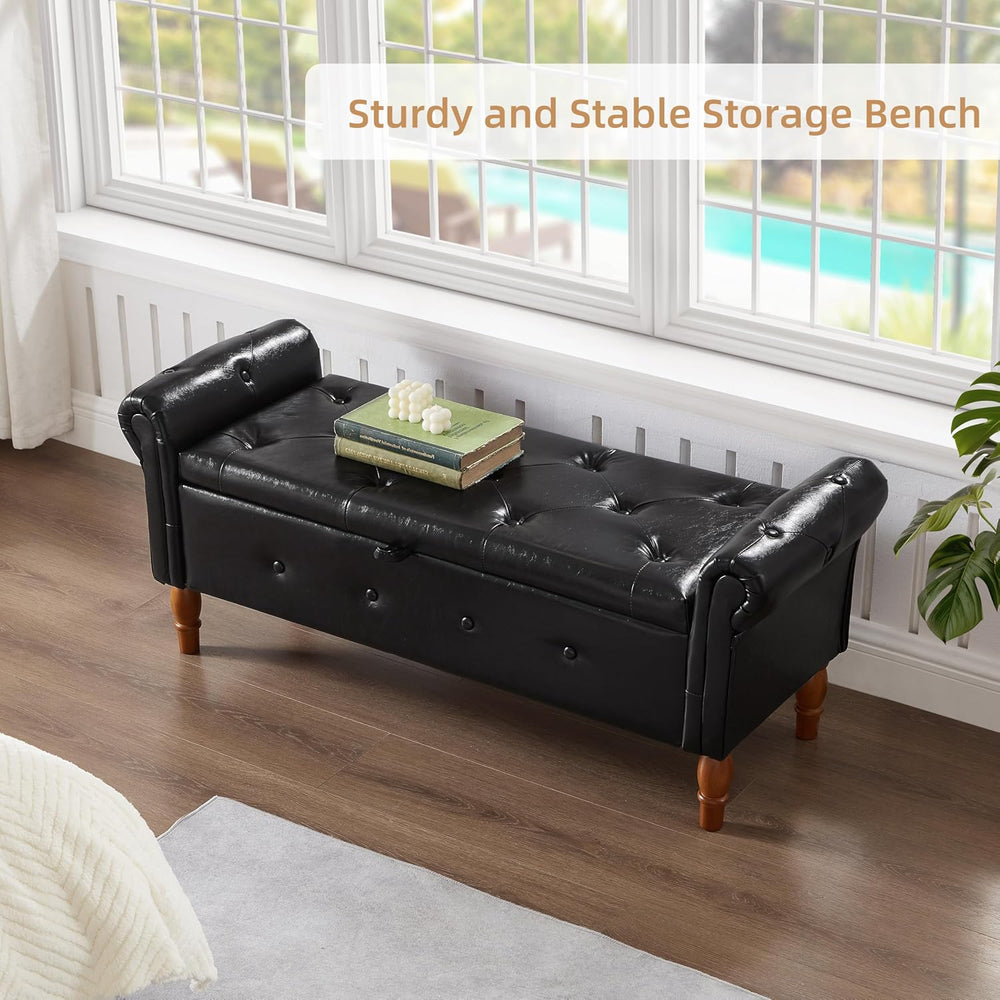 Storage Ottoman Bench, 50" Modern Upholstered End of Bed Bench, Faux Lea...