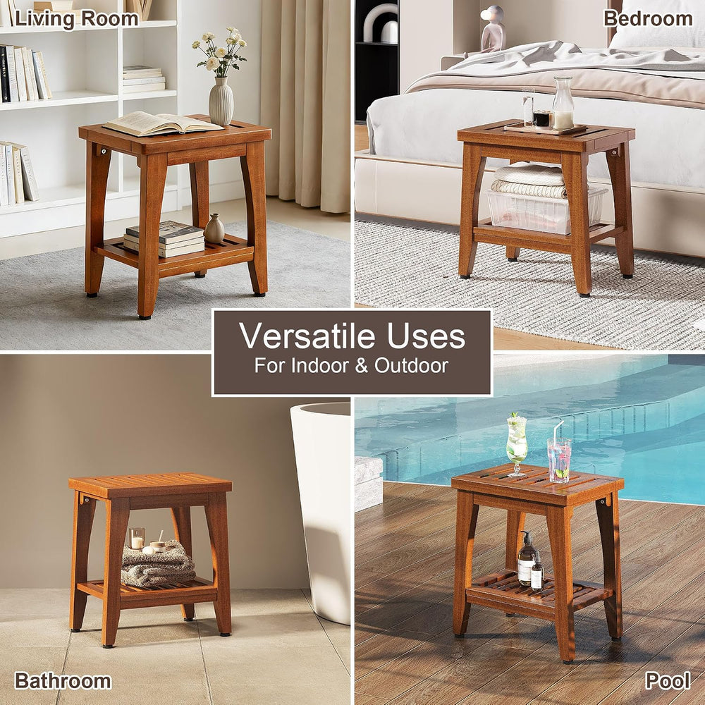14" Compact Solid Teak Shower Bench with Storage Shelf