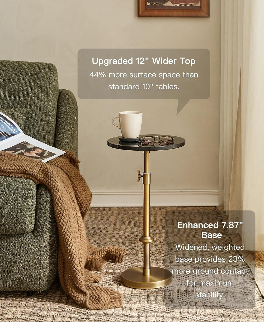 Adjustable 12" Black Marble Drink Table with 2 Coasters, Antique Brass