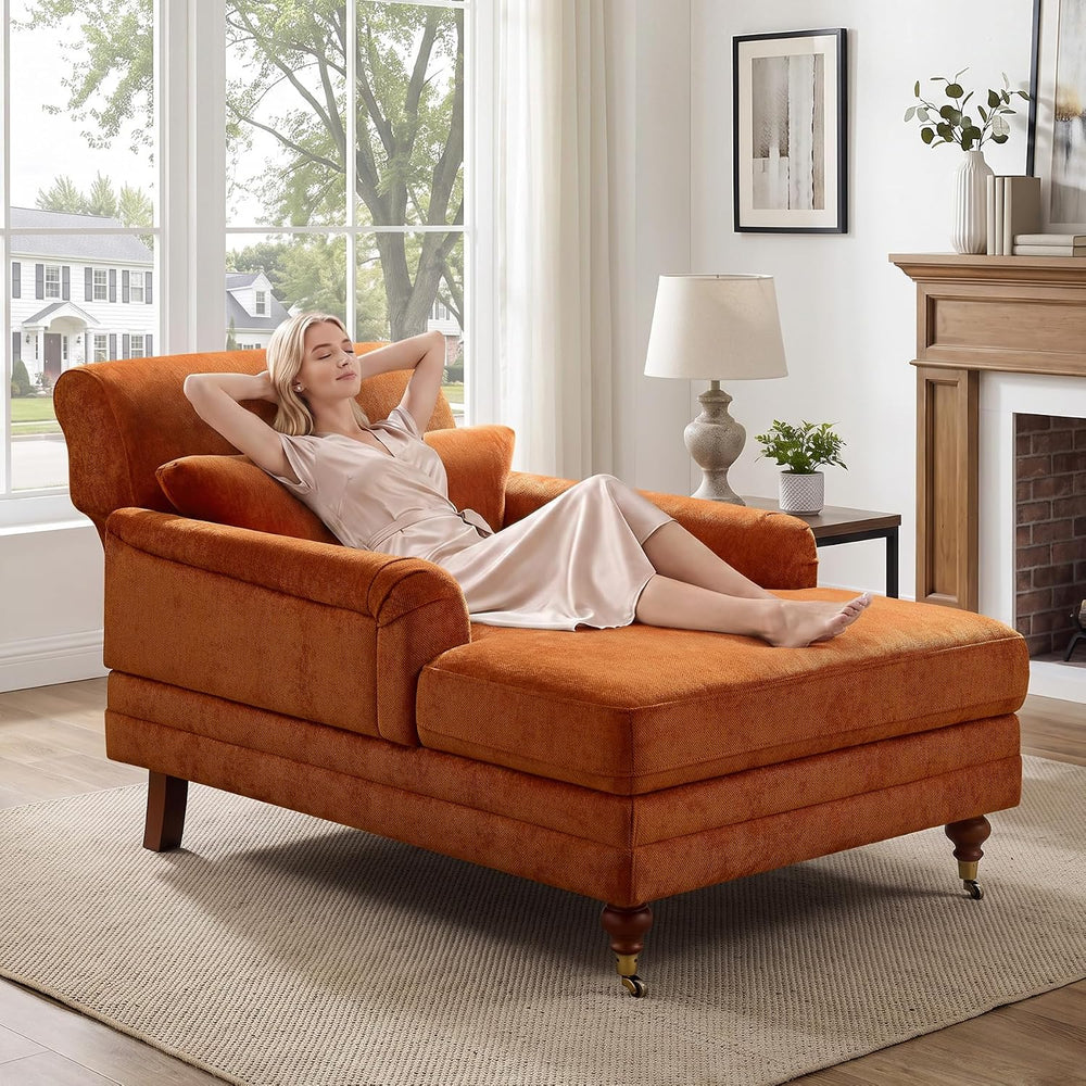 59.45'' Chaise Lounge Chair with Adjustable Backrest, Chenille Curry