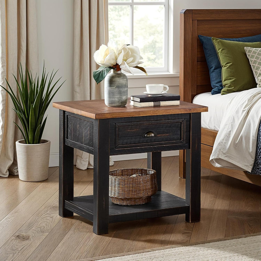 Monterey Farmhouse Rustic End Table, Solid Pine Wood Coastal Side Table with ...