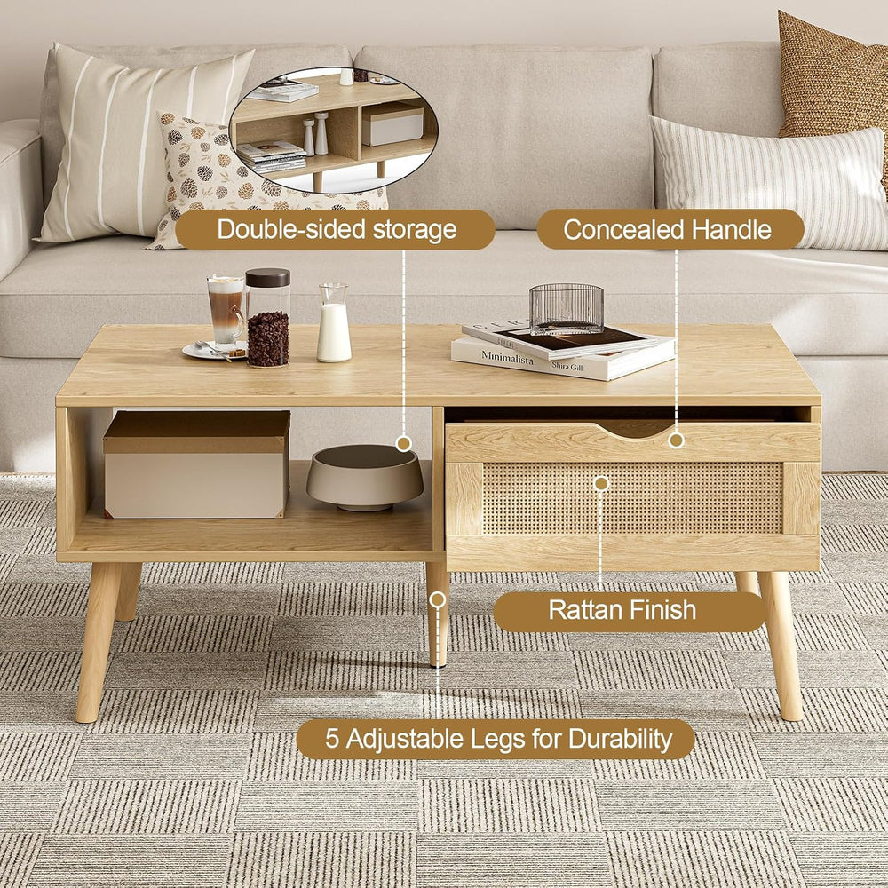 ZttRiee Rattan Coffee Table with Drawer, Boho, Natural