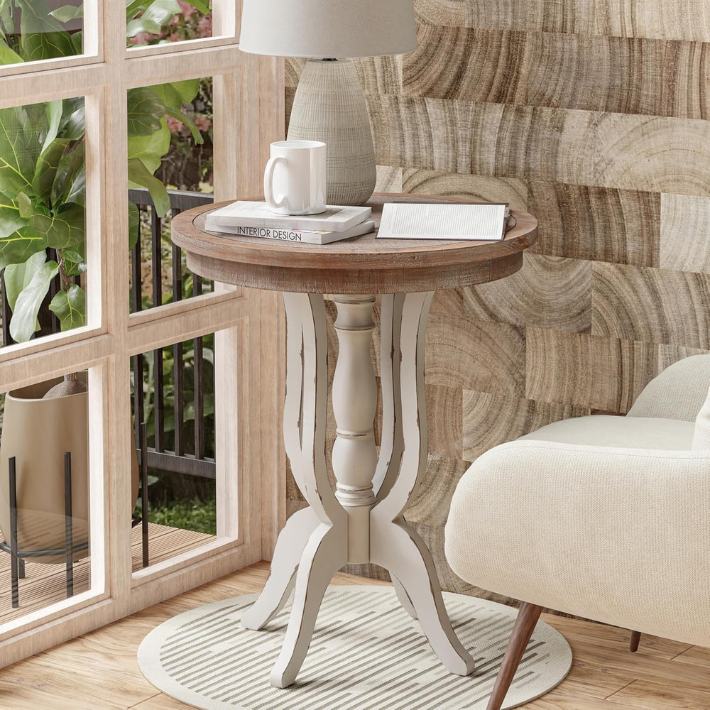 Farmhouse Accent End Table, Rustic Side Table with Natural Top for Family, Di...