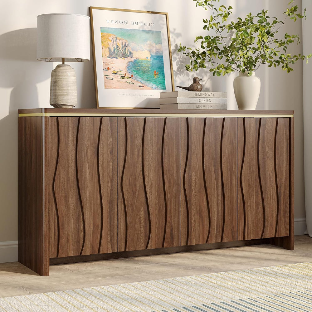 Vabches Fluted Buffet Cabinet with Storage, 3D Ripple Pattern Doors and Curve...