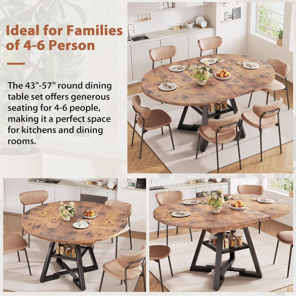 43‘’-57‘’ Extendable Round Dining Table for 4-6, Modern Industrial Kitchen Ov...