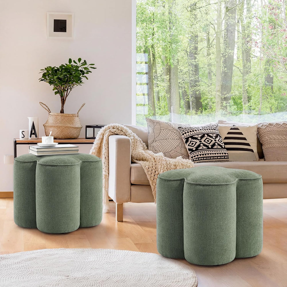 Green Linen Ottoman Set of 2, Small Vanity Stool, Modern Footstool | Multi-Fu...