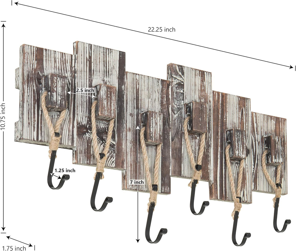 MyGift Torched Wood Wall-Mounted Coat Rack with 6 Rope & Black Metal Hooks