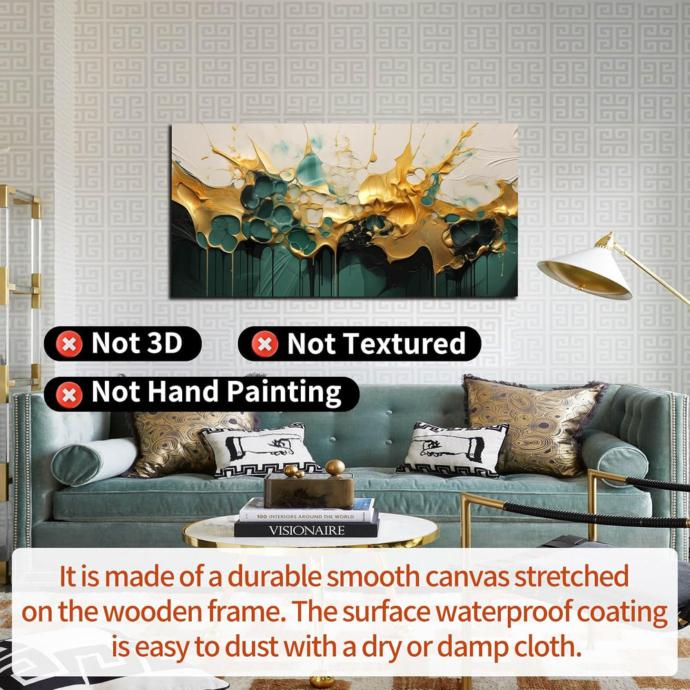 SKYRISE Abstract Teal Gold Canvas Wall Art for Living Room, Dark Green Wall-D...