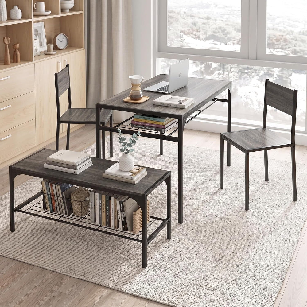 COSTWAY Dining Table Set for 4 with Bench & 2 Chairs, Storage Racks, Grey