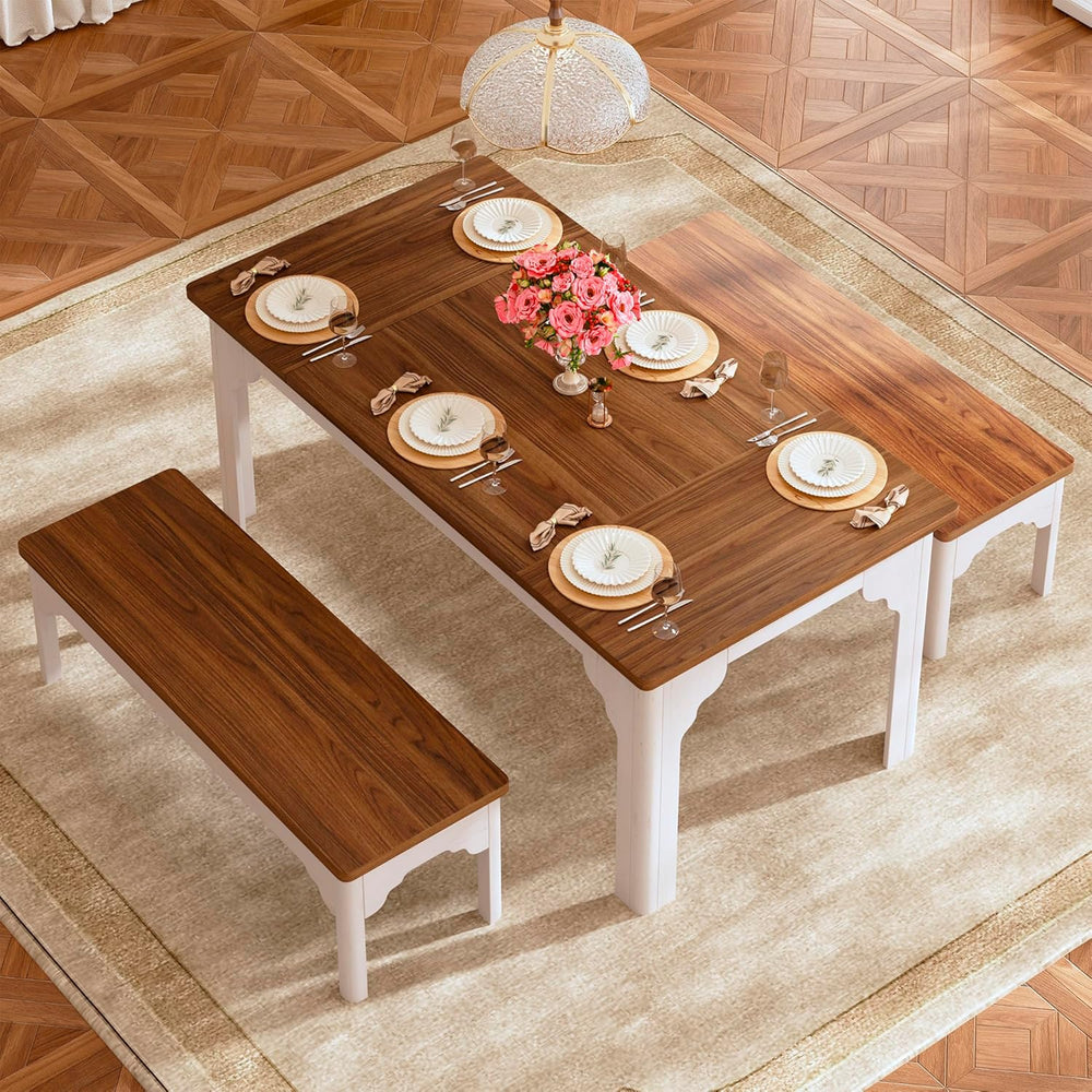 HUAHUU 63" Farmhouse Dining Table Set for 4-6, Kitchen Table with 2 Benc...