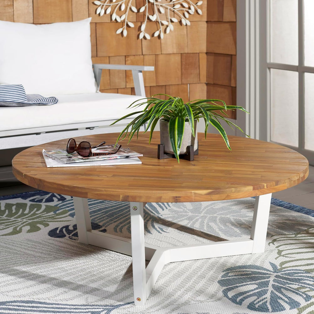 SAFAVIEH Outdoor Leo Wood Coffee Table, 39.4" Natural/White PAT7319A