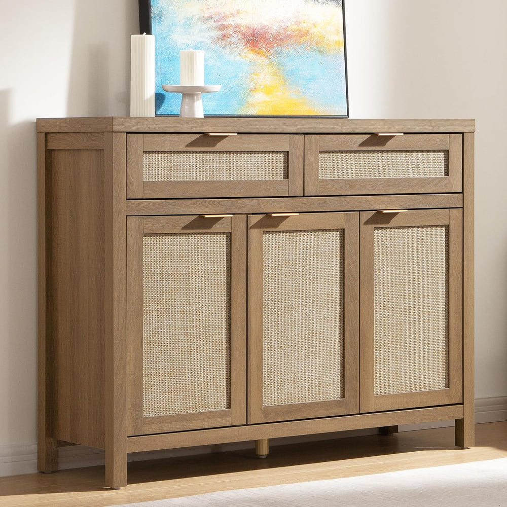 SICOTAS Rattan Sideboard Buffet Cabinet with Storage, Boho Credenza Accent