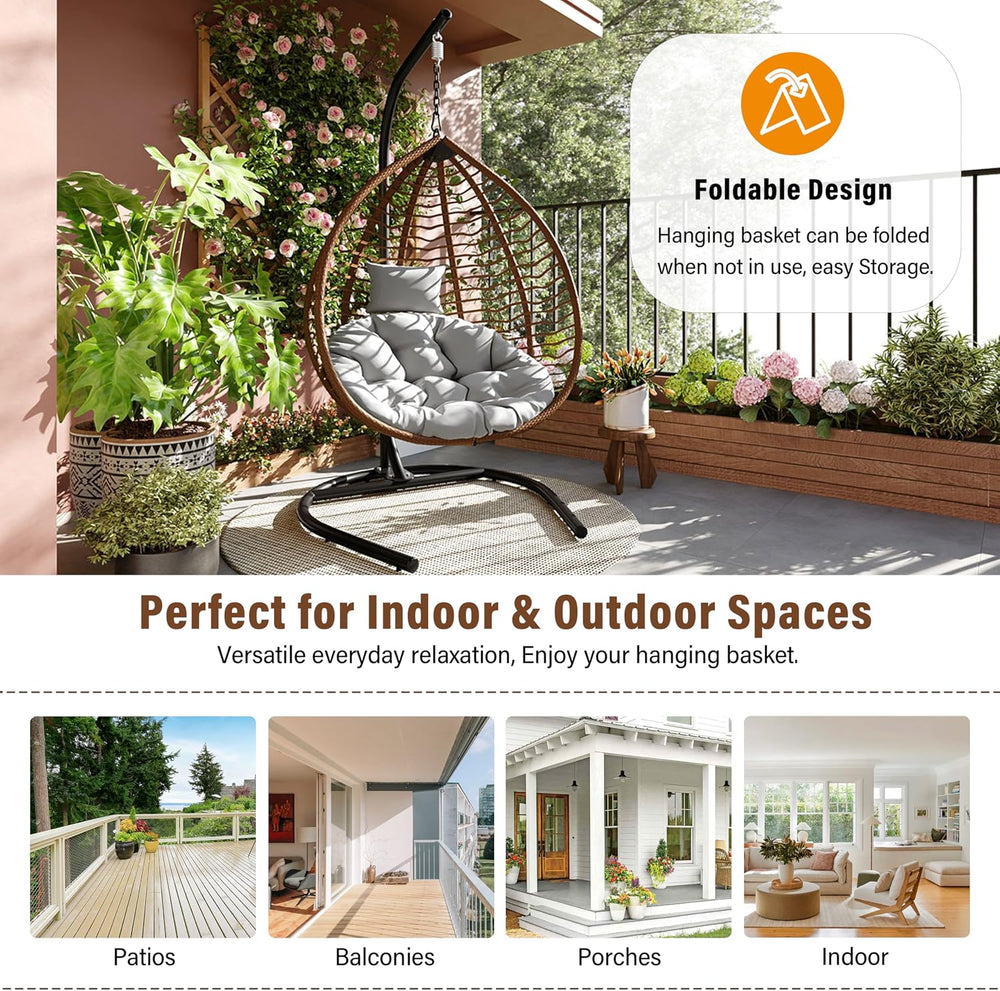 Mirightone Hanging Egg Chair with Stand, Foldable Wicker Egg Swing Chair for ...